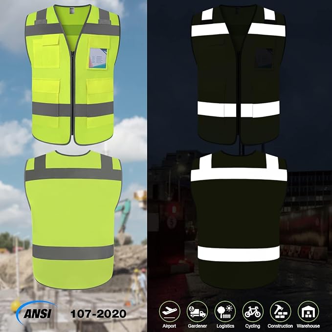 TCCFCCT Safety Vest for Men Women 5 Pockets Reflective Vest with Reinforced Zipper, High Visibility Construction Work Vest with Tabs for Walkie-talkie, Durable to Use, Meets ANSI/ISEA, Yellow, XXL