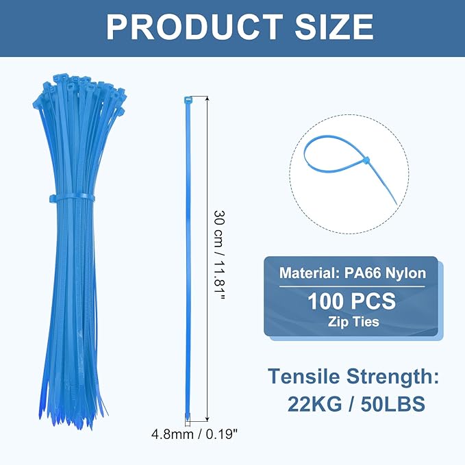 PATIKIL Cable Zip Ties 12 Inch, 100 Pcs Self-Locking Nylon Wire Tie Wraps Heavy Duty Cord Management with 50 lbs Tensile Strength for Indoor and Outdoor, Blue (0.2" W)