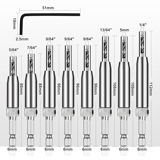 COMOWARE 17pcs VIX Bits Self Centering Drill Bit Set, 1/4" Hex Shank Self Centering Hinge Drill Bit Set for Woodworking Window Door Hinge, Quick Change with 1 Hex Key & 8 Drill Bits 5/64-1/4”