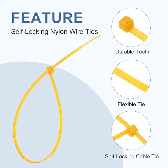 PATIKIL Cable Zip Ties 12 Inch, 100 Pcs Self-Locking Nylon Wire Tie Wraps Heavy Duty Cord Management with 50 lbs Tensile Strength for Indoor and Outdoor, Yellow (0.1" W)