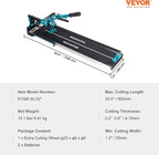 VEVOR Manual Tile Cutter, 32 inch, Porcelain Ceramic Tile Cutter with Tungsten Carbide Cutting Wheel, Infrared Positioning, Anti-Skid Feet, Durable Rails for professional installers or beginners