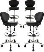 Black PVC Faux Leather Drafting Chair Set of 4 Rolling Swivel Salon Stool with Back Support Foot Rest Adjustable Hydraulic Seat Height for Massage Facial Spa Medical Drafting Tattoo Beauty