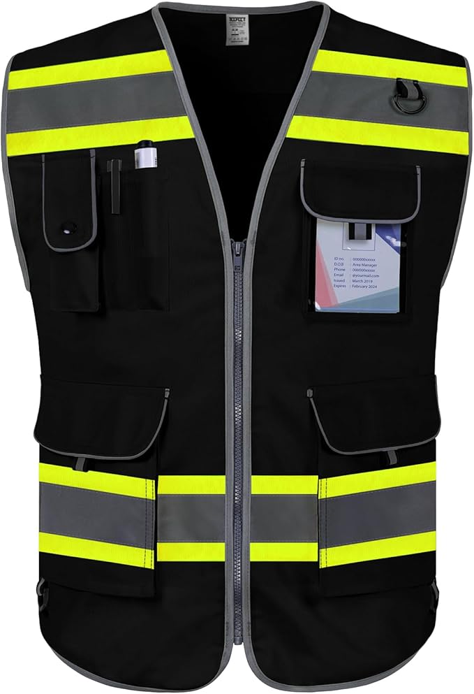TCCFCCT Hi Vis Vest 9 Pockets High Visibility Reflective Safety Vest for Men Women, Construction Work Vest with Fluorescent Yellow Extend Edge, Durable to Use, Meets ANSI/ISEA, (DB-Black, Medium)