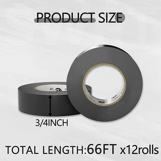 SWRT 12 Pack UL/CSA Listed Black Electrical Tape 7 mils -600V, 0.75 in x 66 FT Electric Tape Flame Retardant, Strong Adhesive, for Home DIY Electrical Repairs Professional Installations