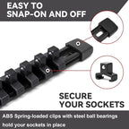 ALOANES 9 PC ABS Socket Organizer, 3/8 inch, Drive Socket Rail Holders, Heavy Duty Socket Racks, Black Rails with Black Clips