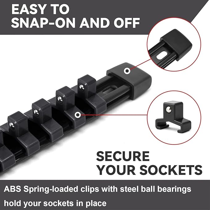 ALOANES 18 PC ABS Socket Organizer,1/2 inch, 3/8 inch, and 1/4 inch Drive Socket Rail Holders, Heavy Duty Socket Racks, Black Rails with Black Clips