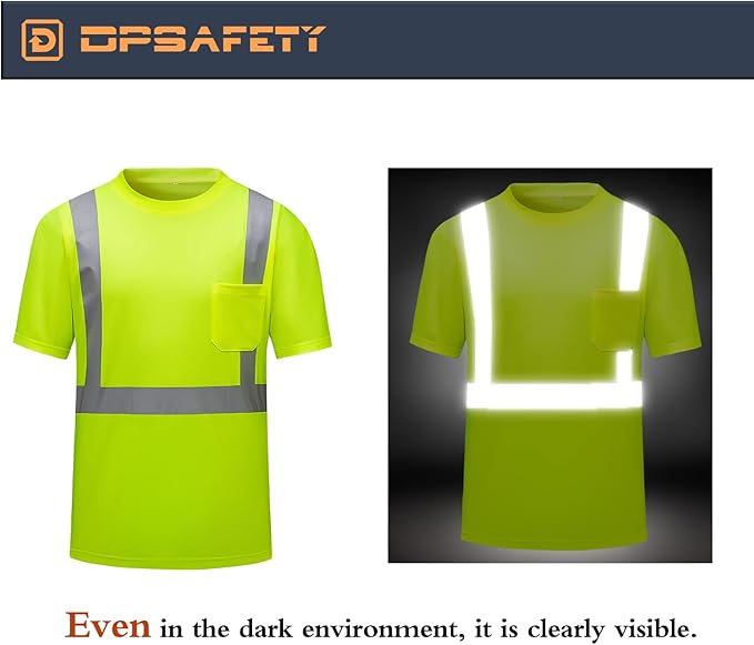 High Visibility Shirts Quick Dry Safety T Shirts with Reflective Strips and Pocket Short Sleeve Mesh Hi Vis Construction Work Class 2 Shirt for Men/Women Lime,5XL
