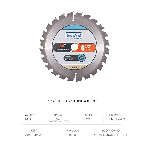 Luckyway 6-1/2 Inch 24T with 5/8 Inch Arbor TCT Circular Saw Blade for Cutting Wood
