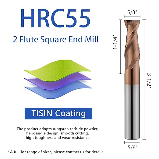 2 Flute 5/8" Carbide Square End Mill Micrograin Milling Bits Sets TISIN Coating CNC Router Bit for Steel