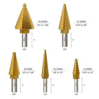 BeHappy Step Drill Bit Set, 5Pcs Titanium Step Drill Bit Set, High Speed Steel Step Drill Bits with Automatic Center Punch for Sheet Metal, Wood, Plastic, 50 Sizes with Aluminum Case for DIY