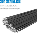 XINGO 20 inch Black Metal Zip Ties Heavy Duty 100 Pack, 304 Stainless Steel Zip Ties, 300lbs Tensile Strength, Multi-Purpose Self-Locking Cable Ties for Exhaust Wrap, Outdoor and Canopy Etc