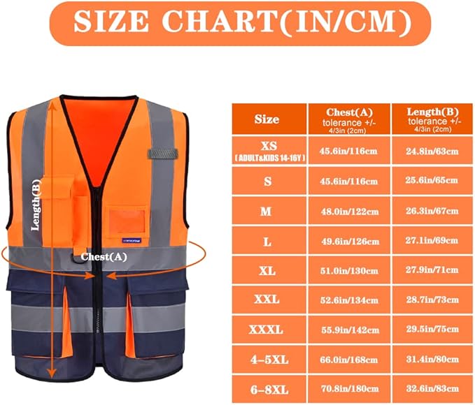 A-SAFETY High Visibility Safety Vest with 4 Reflective Strips 7 Pockets,Orange&Navy X-Small