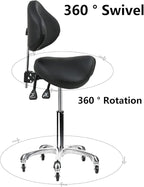 Saddle Stool Rolling Chair with Back Support Swivel Adjustable Height Ergonomic Thick Seat Cushion with Wheels for Nail Lash Tech Esthetician Tattoo Artist Salon Hair Cutting Stylist Black