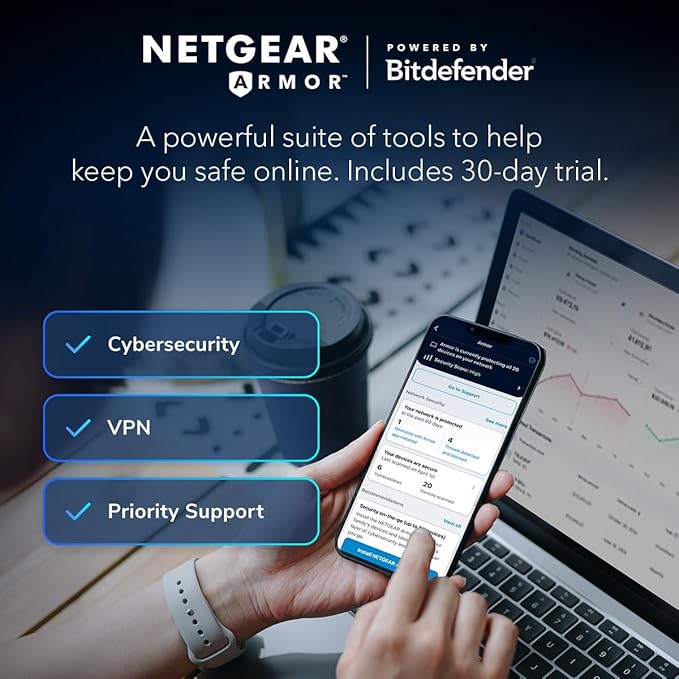 NETGEAR Orbi 370 Series Dual-Band WiFi 7 Mesh Network System for Home (RBE373) – Wireless Router + 2 Extenders, Security Features, 5 Gbps, Covers 6,000 sq.ft., 70 Devices, 2.5GB Internet Port, BE5000