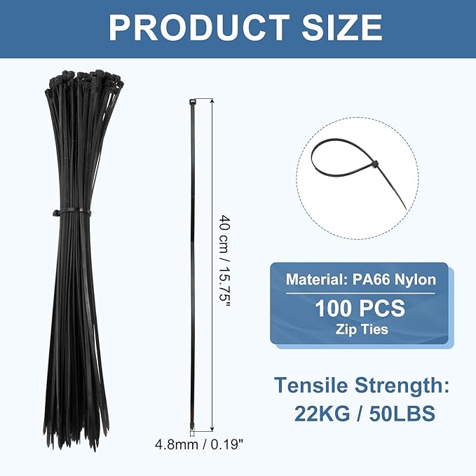 PATIKIL Cable Zip Ties 16 Inch, 100 Pcs Self-Locking Nylon Wire Tie Wraps Heavy Duty Cord Management with 50 lbs Tensile Strength for Indoor and Outdoor, Black (0.2" W)