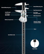 Digital Caliper 12 inch, (ABS) Absolute Scale Caliper, IP54 Caliper Measuring Tool, Inch/MM, Auto-Off LCD Stainless Steel Waterproof Micrometer Vernier Caliper, with Steel Ruler, Silver