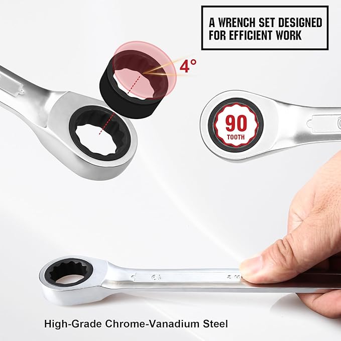 12pcs Ratchet Combination Wrench Set Metric And Standard, 90-Teeth, Metric 8mm-19mm