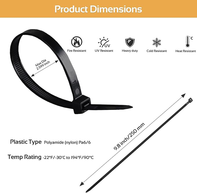 5000pcs 10Inch Black Cable Tie,Nylon Zip Ties,Industrial Grade,50 Pounds Tensile Strength,UV Resistant,Heavy Duty,for Home,Garden Trellis,Office,Garage and Workshop