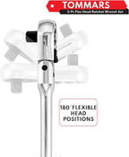 TOMMARS Flex-Head Ratchet Set, 1/4", 3/8", 1/2" Drive Flexible Ratchet Handle Wrench 72-Tooth Quick-Release Reversible