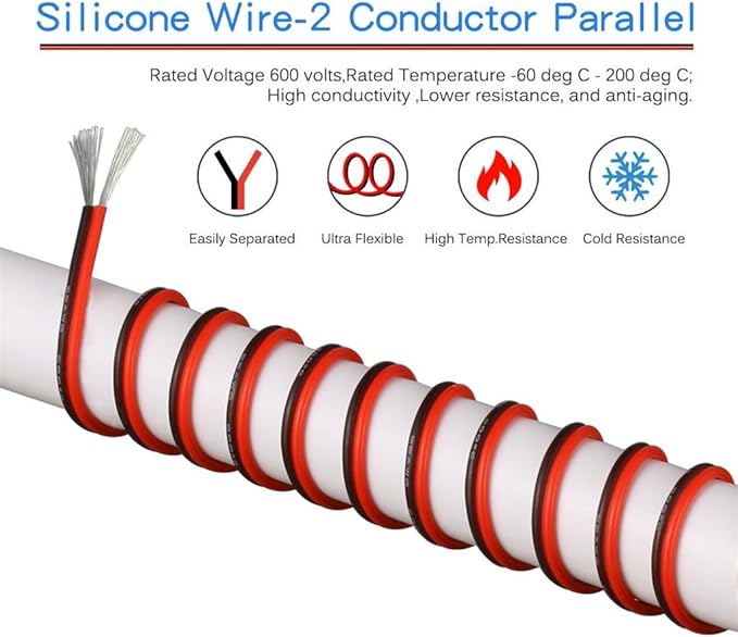 BNTECHGO 22 Gauge Flexible 2 Conductor Parallel Silicone Wire Spool Red Black High Resistant 200 deg C 600V for Single Color LED Strip Extension Cable Cord,Model,50ft Stranded Tinned Copper Wire