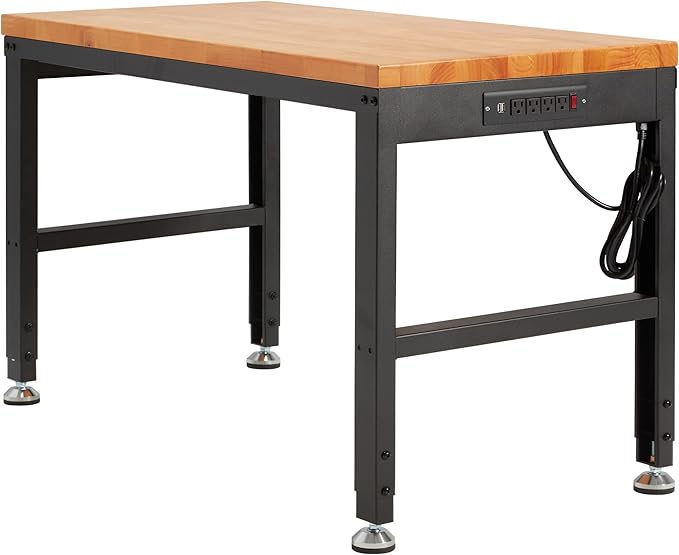 Haddockway Adjustable Workbench for Garage,48"x 24" Rubber Wood Top Worktable with Power Outlets, Max 2000 Lbs Load Capacity Heavy Duty Workstation for Workshop Office Home (Black Frame, 48in)