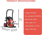 75Ft 1/2 Inch Cable Drain Cleaning Machine, 450W Auto Feed Portable Electric Sewer Snake, Electric Drain Auger with 6 Cutter Air-Activated Foot Switch for 2" to 4" Pipes