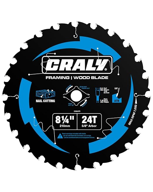 CRALY 8-1/4 Inch 24 Teeth Wood Cutting Framing Circular Saw Blade, 5/8 Inch Arbor, Carbide Tipped, Thin Kerf, Black Ice™ Coating, for Plywood, MDF, OSB, Laminated(C0824FR)