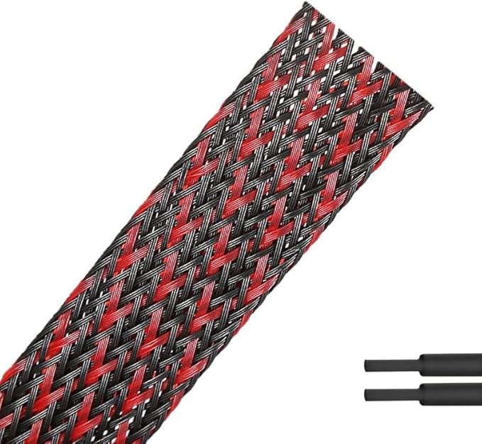 25ft - 1/8 inch Braided Cable Management Sleeve Cord Protector PET Expandable Braided Sleeving-Self-Wrapping Wire Loom for TV/Computer/Home Theater/Engine Bay - Black&Red