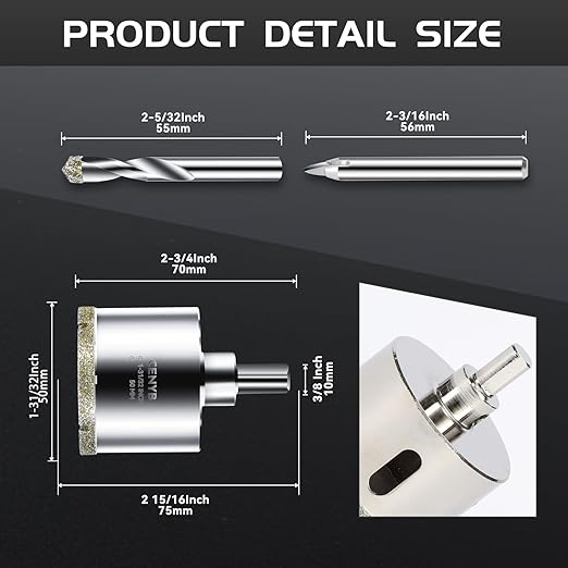 1-31/32inch | 50mm Diamond Hole Saw with Center Drill bit and Diamond-Coated Center Drill bit for Ceramic Glass Marble Fiberglass Granite and Porcelain Tiles by CENYB