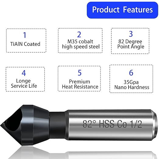 Countersink Drill Bit, TiAlN Coated M35 Cobalt 82 Degree Point Angle, 3/8" Round Shank, 1/2" Body Diameter Counter Sinker Drill Bits for Metal Wood Copper Plastic Resin