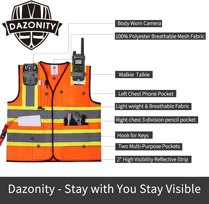 Dazonity Safety Vest with Multi-Pockets,5pcs,Reflective & High Visibility for Work,Construction,Parking,Warehouse,Yellow