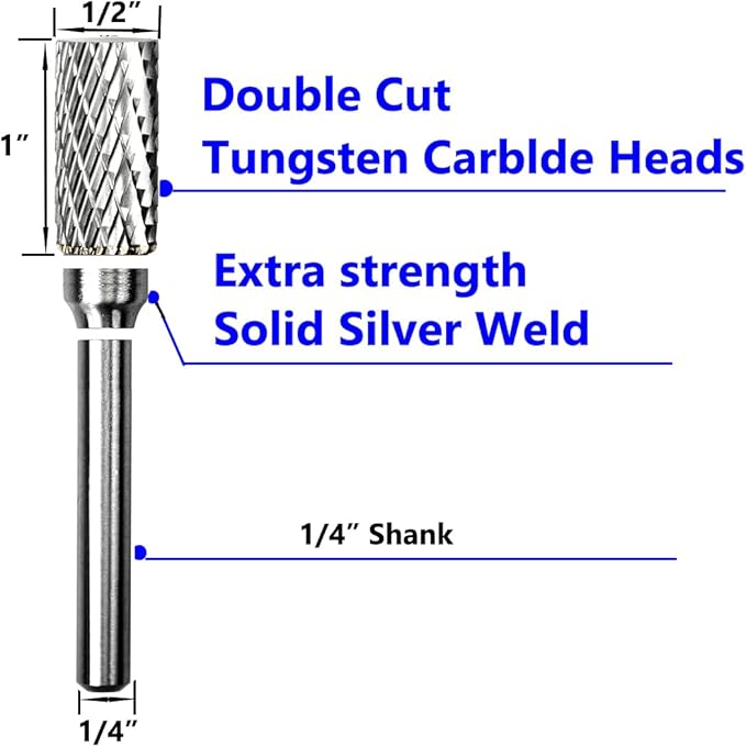 Carbide Burr Set 1/4" Shank SA-5 Die Grinder Bits Tungsten Double Cut Burr Bits (1/2" Cutter Dia X 1" Cutter Length) for Die Grinder Kits Metal Grinding Drilling Polishing (1pcs)