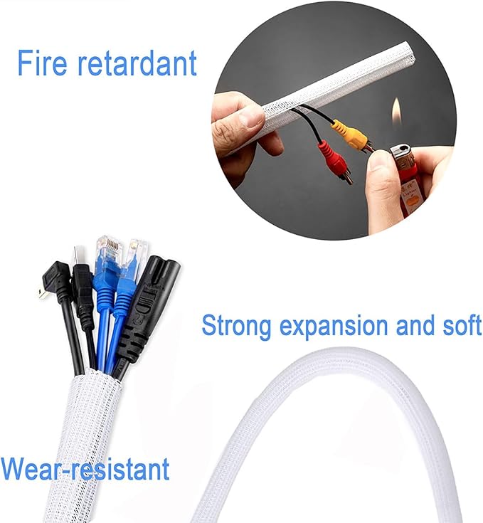1/2" x 10ft Black/White Cable Sleeve - Protects Cords from Pets & Organizes Wires - Modern Style - Polyester Material - Flame Retardant - Easy to Use & Cut(White, 1/2"-10ft)