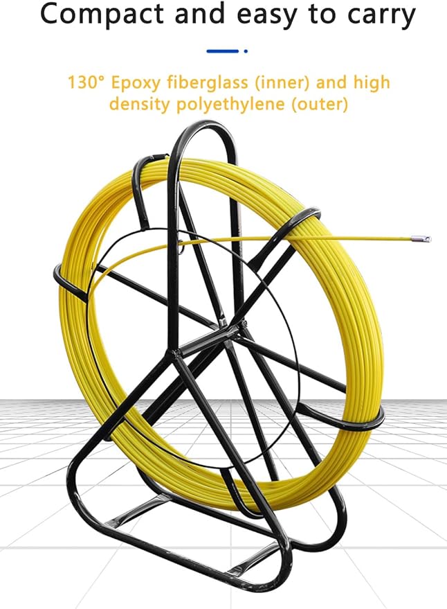 Fish Tape Fiberglass 6mm 656ft Duct Rodder Fish Tape Pulling Tool fish tape wire puller Cable Running Rod with Steel Reel Stand 【6mm*200m】