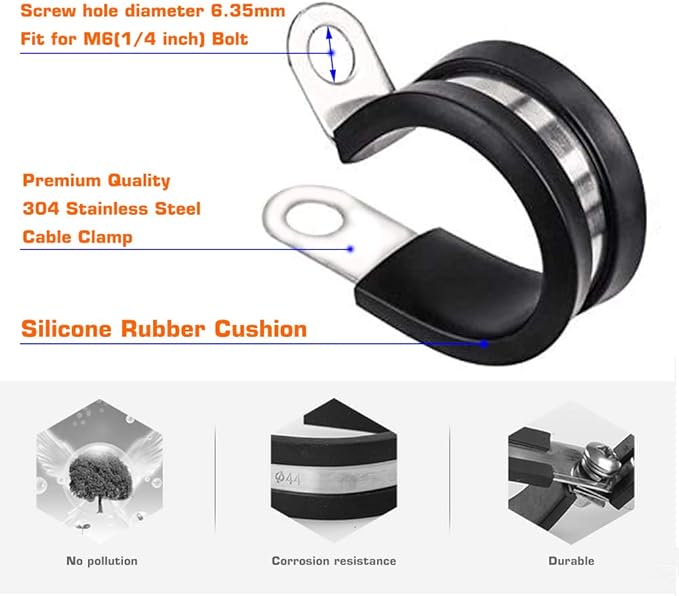 HOLYBEAR 1 Inch Stainless Steel Cable Clamp, Rubber Insulated Metal Conduit Wire Holder Strap Clips for Pipe, Tube, Hose Bracket (25mm, 12pcs)