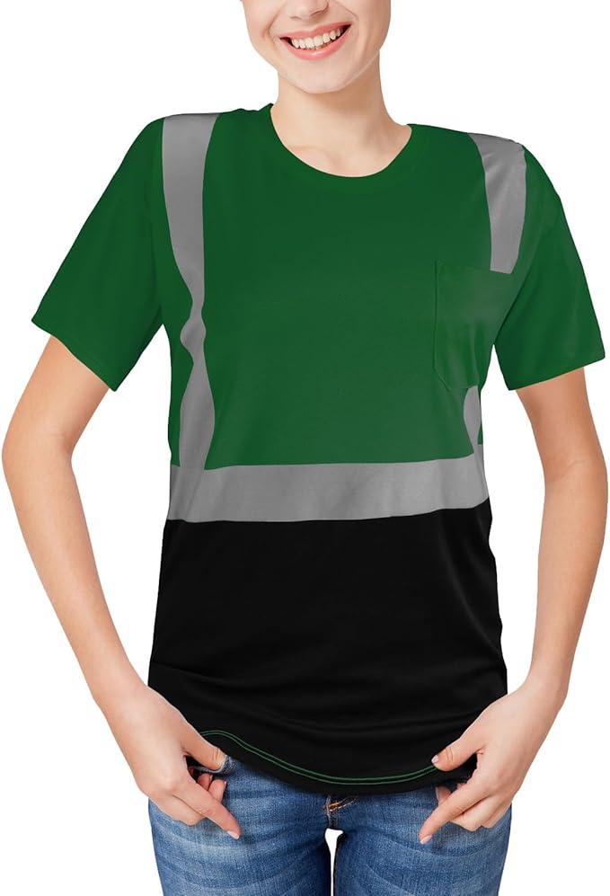 High Visibility Shirts Quick Dry Safety T Shirts with Reflective Strips and Pocket Short Sleeve Mesh Hi Vis Construction Work Class 2 Shirt for Men/Women Black Bottom Green,5XL