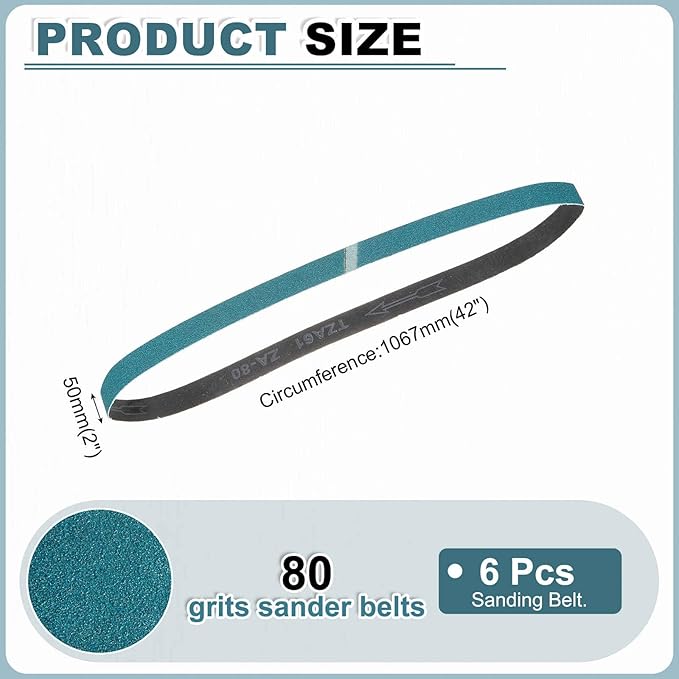 HARFINGTON 2 x 42 Inch Sanding Belts, 6 Pcs 80 Grit Zirconia Abrasive Belt Sander File Belt for Woodworking, Metal Polishing, Knife Sharpener