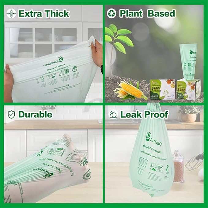 100% Certified Home Compostable Trash Bags, 55 Gallon, 60 Count, 1.57 Mils Extra Thick 38 x 58 Inches, 208 Liter, Compostable Liners, ASTM D6400 EN 13432 US BPI & OK Compost Home Certified
