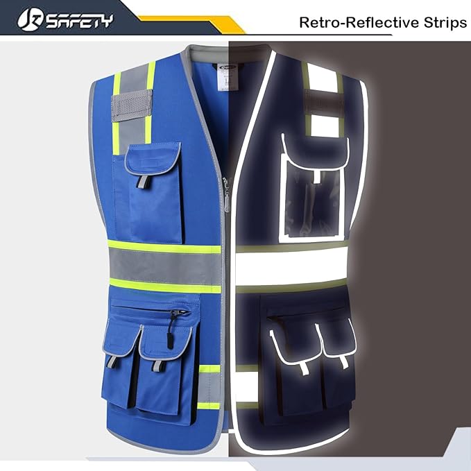 JKSafety 10 Pockets Hi-Vis Zipper Front Fluorescent Blue Safety Vest | Cushioned Collar | High Reflective Tapes with Extended Neon Yellow Strips | Meets ANSI/ISEA Standards (Large, 89-Blue)