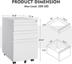 MIIIKO 3 Drawer File Cabinet on Wheels, Home Office Mobile File Drawers Under Desk, Full Assembled White Filing Cabinets with Lock for Legal/Letter/A4 File Folders