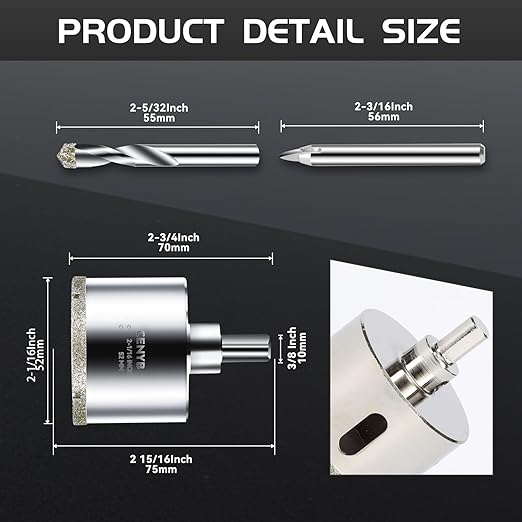 2-1/16inch | 52mm Diamond Hole Saw with Center Drill bit and Diamond-Coated Center Drill bit for Ceramic Glass Marble Fiberglass Granite and Porcelain Tiles by CENYB