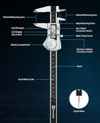 Digital Caliper 8 inch, (ABS) Absolute Scale Caliper, IP54 Caliper Measuring Tool, Inch/MM, Auto-Off LCD Stainless Steel Waterproof Micrometer Vernier Caliper, with Steel Ruler, Silver