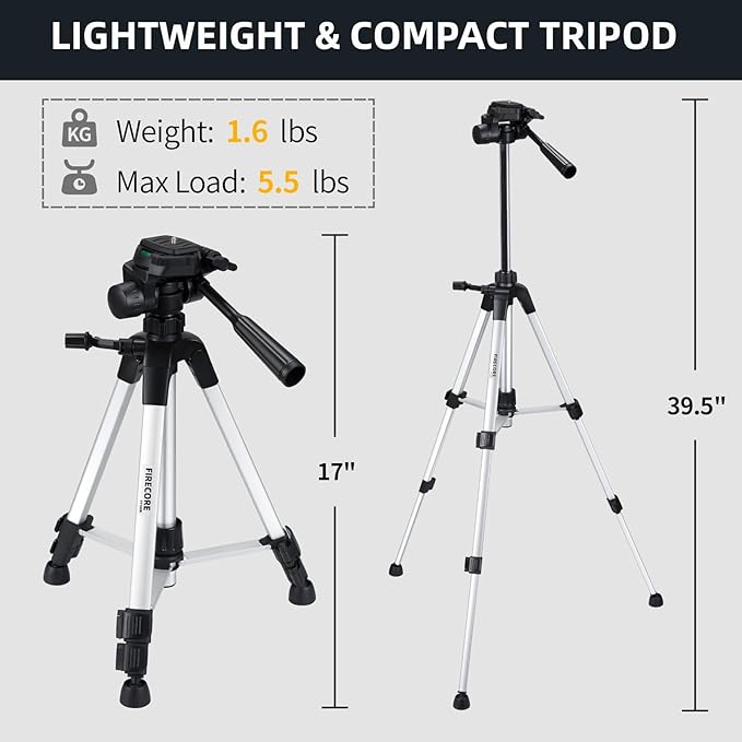Laser Level with Tripod, Firecore 360° Self Leveling Cross Line Laser Level with Pluse Mode, Green Lazer Leveler tool for Hanging Pictures Wall Tile Construction, L-Bracket & Carry Pouch Included