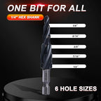 Step Drill Bits M35 Four Spirl Flute Cobalt Step Drill Bits Set 3/16"-1/2" （6 Sizes ） Wear-Resistant TiAlN Coated,1/4" Hex Shank Drill for Metal, Stainless Steel, Aluminum, Plastic