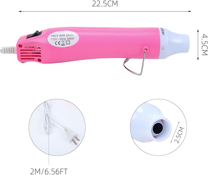 Heat Gun, 110V 300W Handed Hot Air Gun, 3.28FT Ultra-Long Cable Portable Heat Gun with Stand and Power Cord for Shrinking Wrapping PVC, DIY Embossing and Drying Paint (Pink)