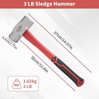 Sledge Hammer 3 Lb, Octagonal Head, Non-slip Rubber Grip, Heavy Duty Hammer For Construction, Gardening, Home Improvement