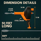 50 FT Drain Snake Hair Drain Clog Remover, Manual Or Powered, Plumbing Snake With Drill Adapte,Unclog Sink Drain Tool, Drain Auger for Toilet、Shower、Kitchen、Sink, No Auto Retract Or Feed, Orange