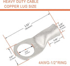 10pcs 4 AWG-1/2(M12) Tinned Copper Ring Terminals Battery Lugs, Heavy Duty Wire Lugs, Battery Cable Connectors