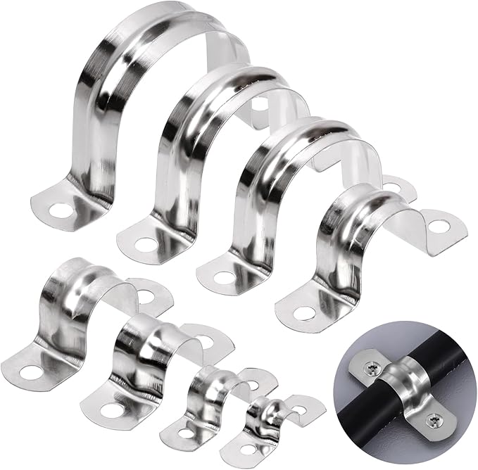 Glarks 50Pcs M8 Pipe Strap Clamp, 304 Stainless Steel 2 Hole Strap Heavy Duty Rigid Pipe Strap U Bracket Tube Strap Cable Clamp Hanger Tension Tube Clip for Pipe Tube Cable Fixing (40mm (1-1/2"))