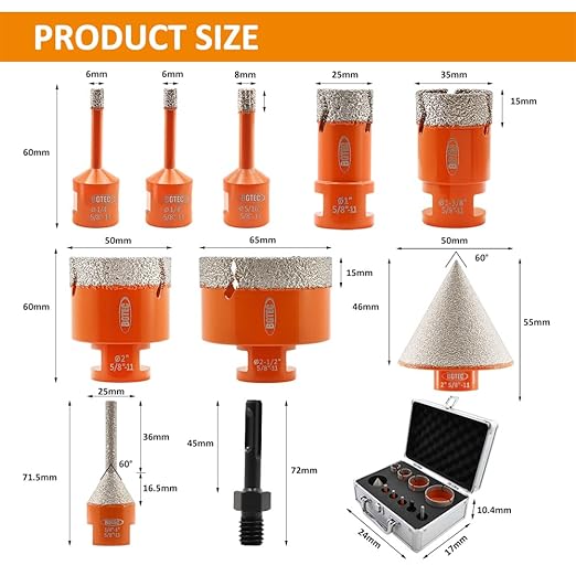 Diamond Core Drill Bit Kit BGTEC Diamond Hole Saw Tile Cutter for Porcelain Tile Ceramic Marble Brick Granite Stone, 5/8"-11 Thread 6/6/8/25/35/50/65mm+6-25mm Finger Chamfer Bit+SDS Adapter
